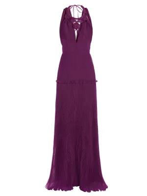 Alberta Ferretti Plisse Embellished V-Neck Long Dress
