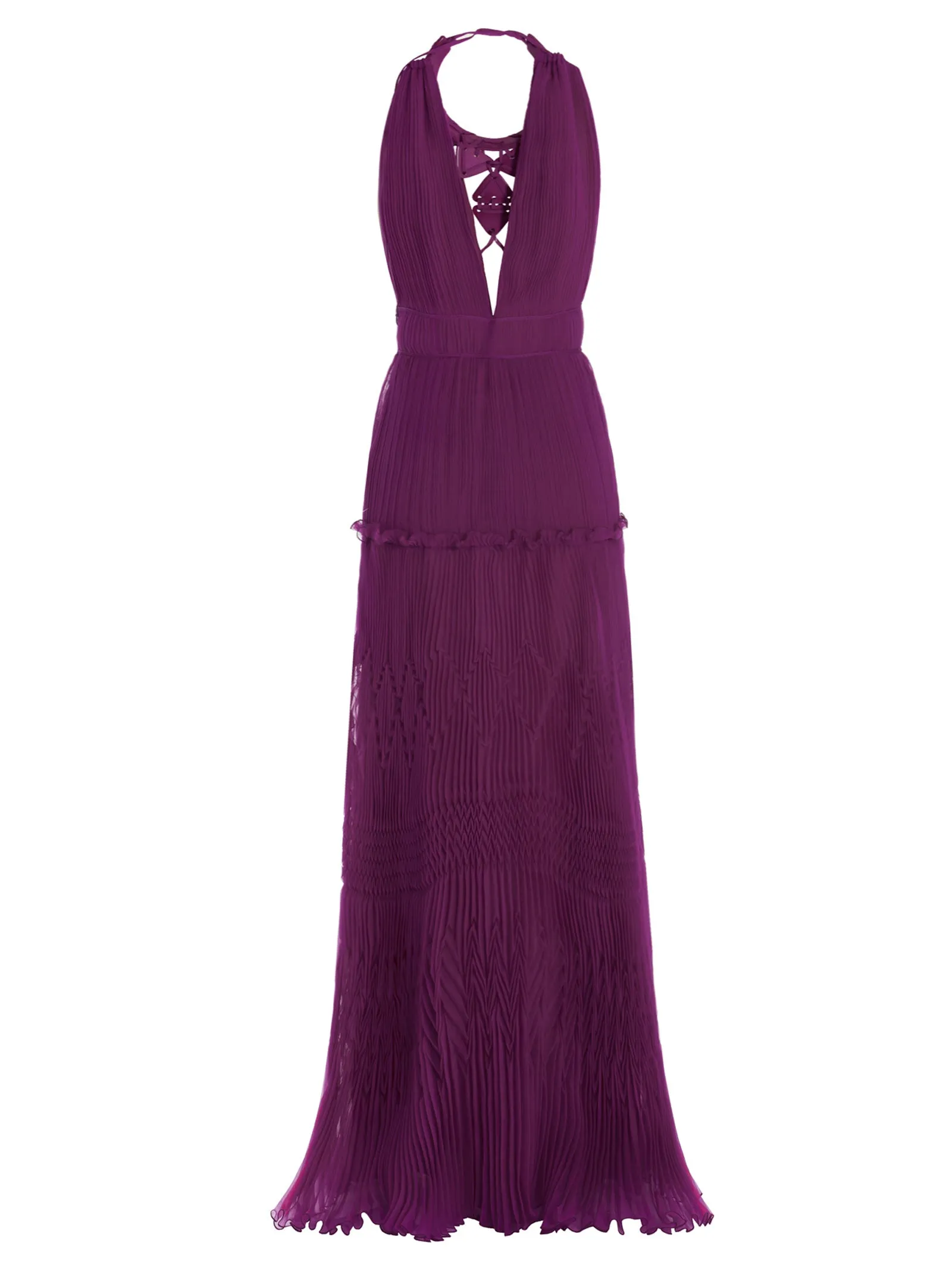 Alberta Ferretti Plisse Embellished V-Neck Long Dress