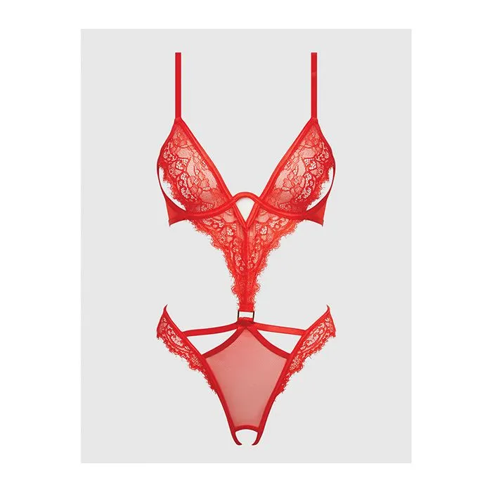 House of Desire Nadia Lace & Mesh Cutout Teddy Grenadine Orange